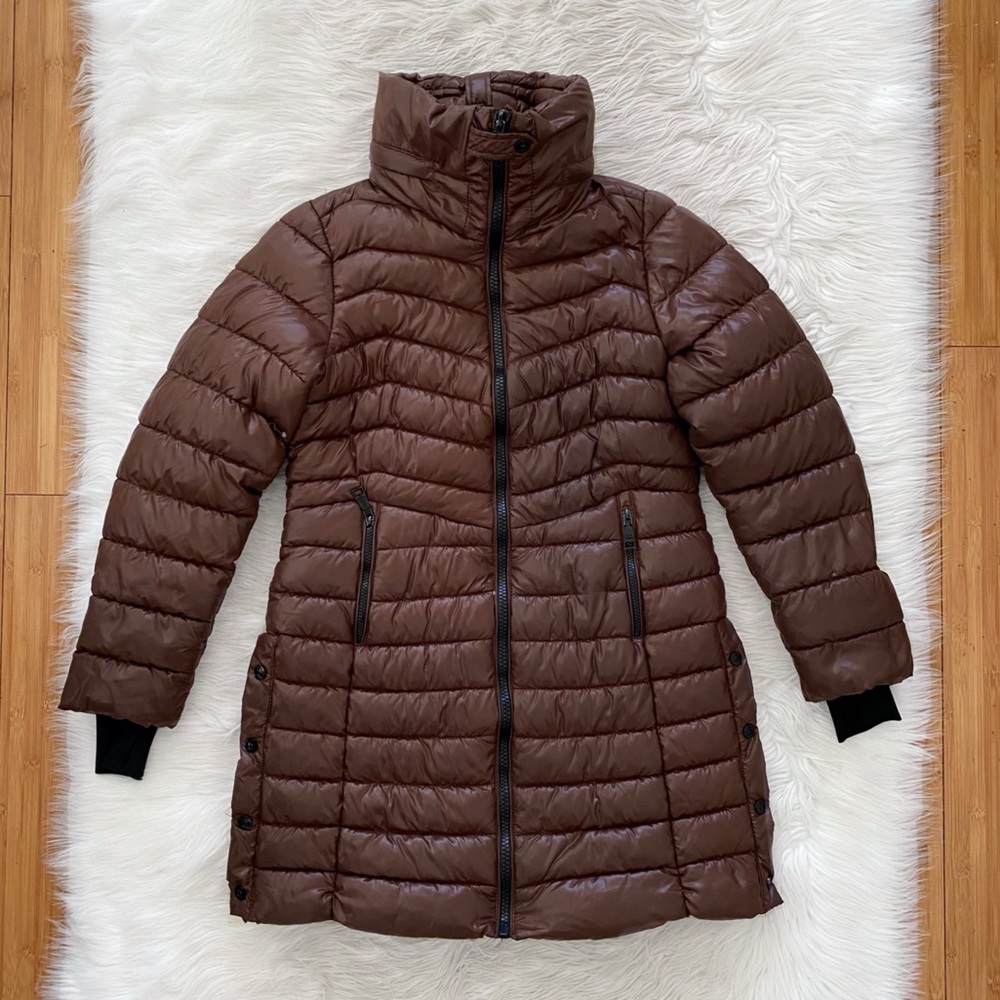 Steve Madden Brown High Neck Long Length Puffer Coat Jacket